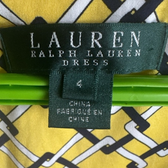 LAUREN RALPH LAUREN Yellow Geometric Faux Wrap Ruched Jersey Dress Size 4 - Picture 8 of 9